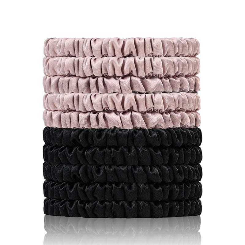 SEMRUE 22 Momme 100% Pure Mulberry Silk Scrunchies (10 PCS) - Small Hair Elastics and Ties for Women Sleep, Hair Care No Damage, Black*5+Lotus Pink*5 - Image 1